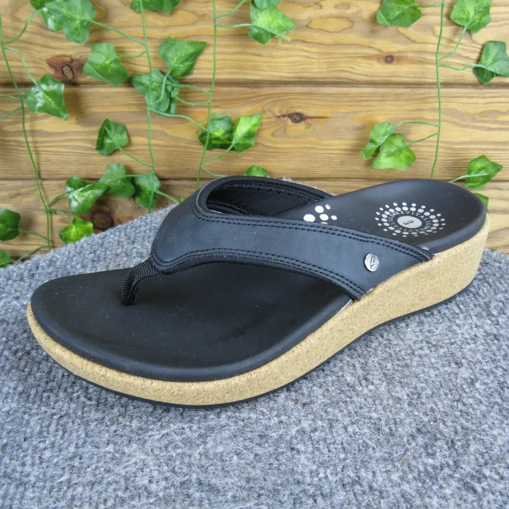 Revitalign Winnie Women's 8 Black Leather Sandals Comfort Wedge Flip Flops‎
